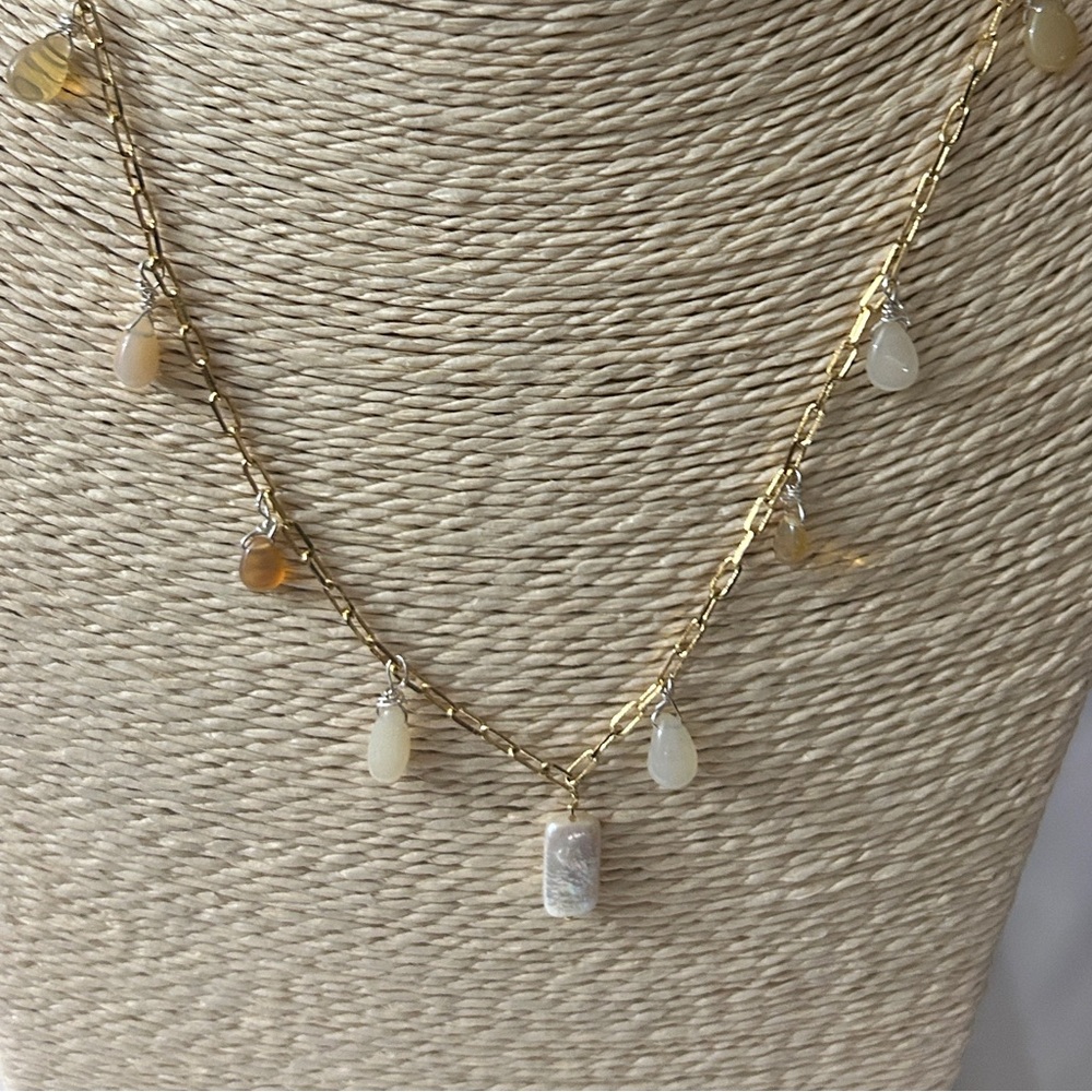 14k Yellow Gold Necklace, Opals and Freshwater Pearl wrapped in Sterling Silver
